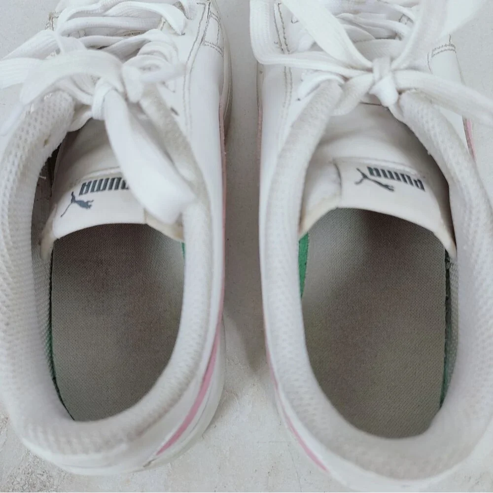 Puma Girls' Kids' Smash V2 L White Pink Low Sneakers Tennis Shoes, Sz 3C